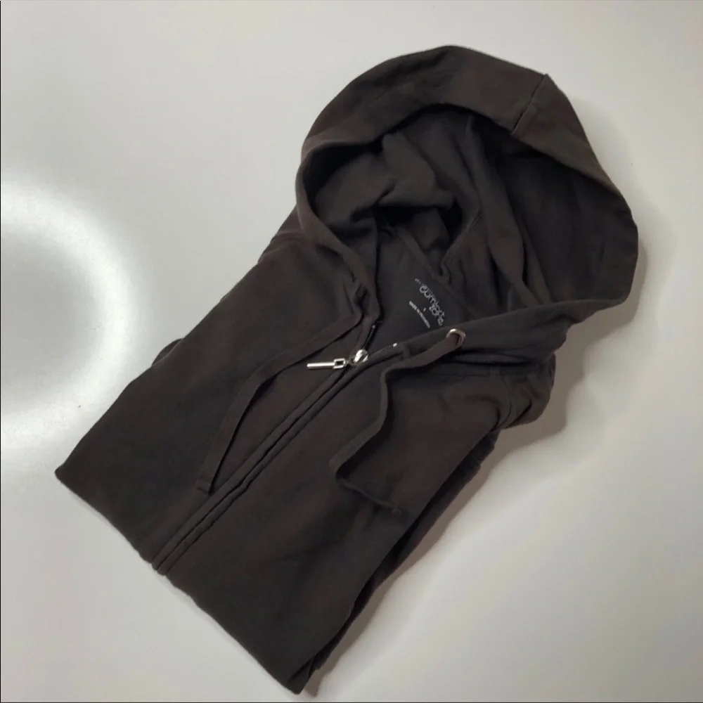 NEW York & Company Chocolate Brown Ruched Sleeve Pocket Zipup Hoodie SIZE S - Picture 9 of 12